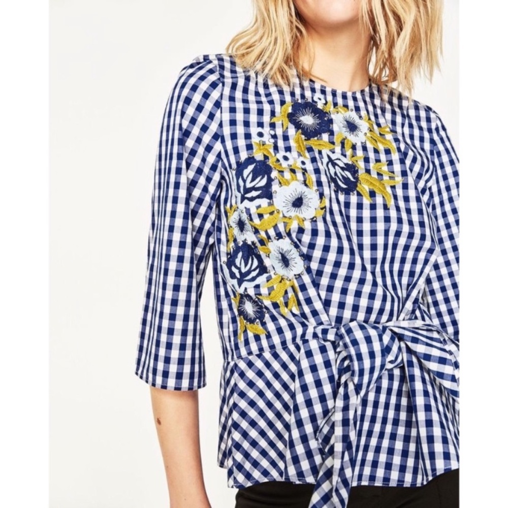 Zara blue gingham floral front tie top